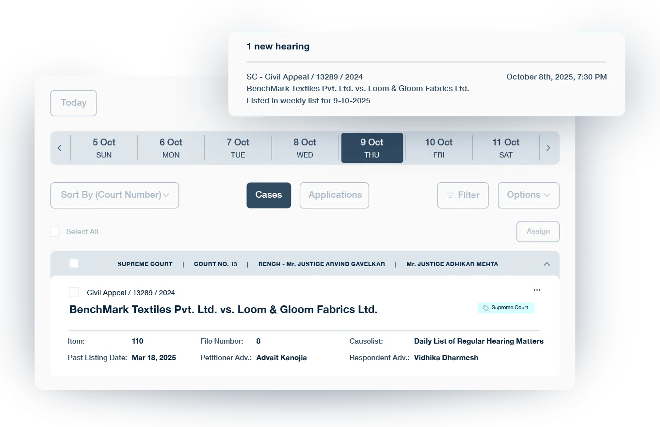 with your personalized causelists with details extracted from 10K+ court websites on Provakil